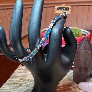 Sterling Silver Fire Blue Opal Tennis Bracelet Amethyst & Cubic Zirconia